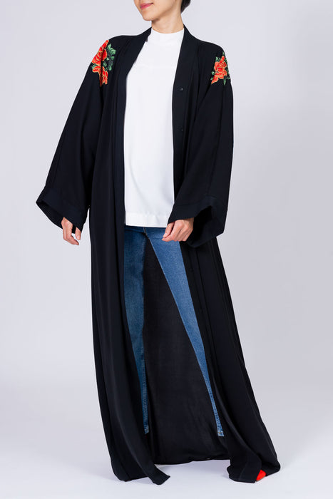 Black Abaya with Embroidered Red Flowers