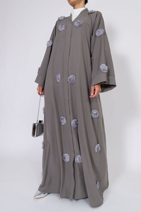Dark Grey Open Abaya Flowers