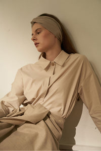 NOTA Point One Button Shirt Beige Modest Loose Fitted Women Shirt in Cotton