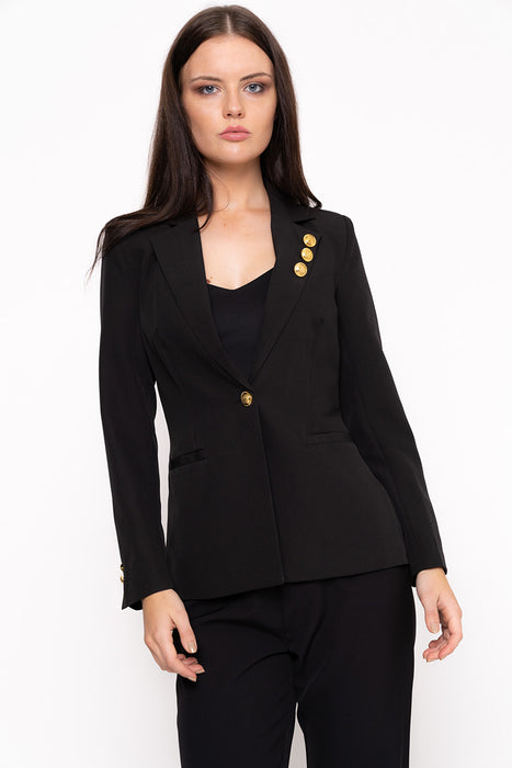 Unique21 Blazer With Gold Button Detail Modest Black Jacket with Single Front Gold Button and Gold Buttons on Lapel and Sleeves with Front Pockets