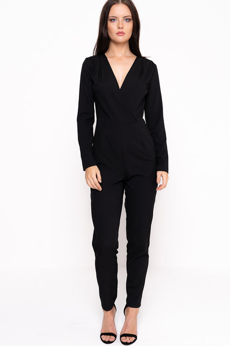 Unique21 Long Sleeve Wrap Around Jumpsuit Modest Black Jumpsuit with V-Neck Wrap Front and Side Pockets
