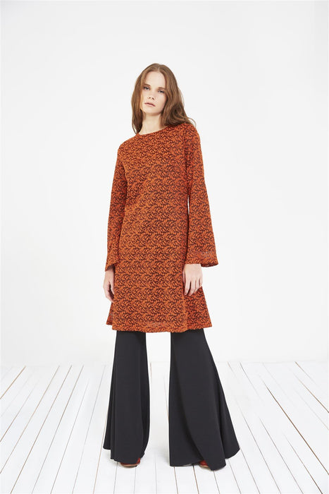 STORE WF Funnel Sleeve Lace Tunic Modest Loose Long Sleeve Lace Top in Orange