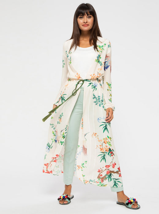STORE WF Floral Kimono with Tassel Belt Modest White Floral Loose Fitted and Long Kimono with Tie and Open Front