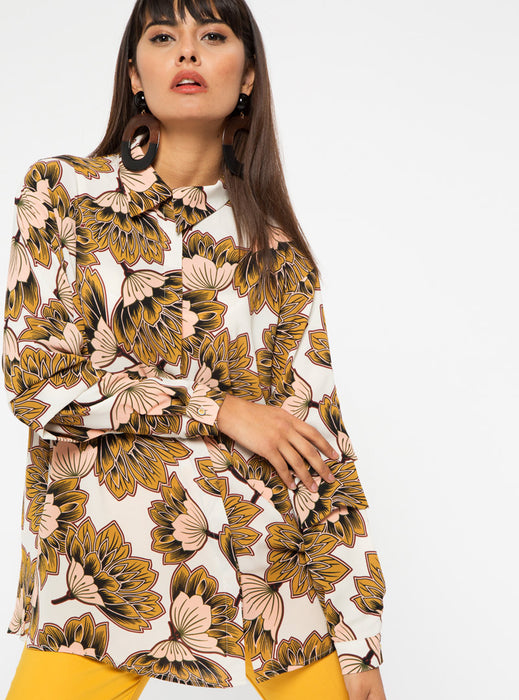 STORE WF Floral Tunic Shirt Modest Long Blouse Top with Floral Prints in Brown