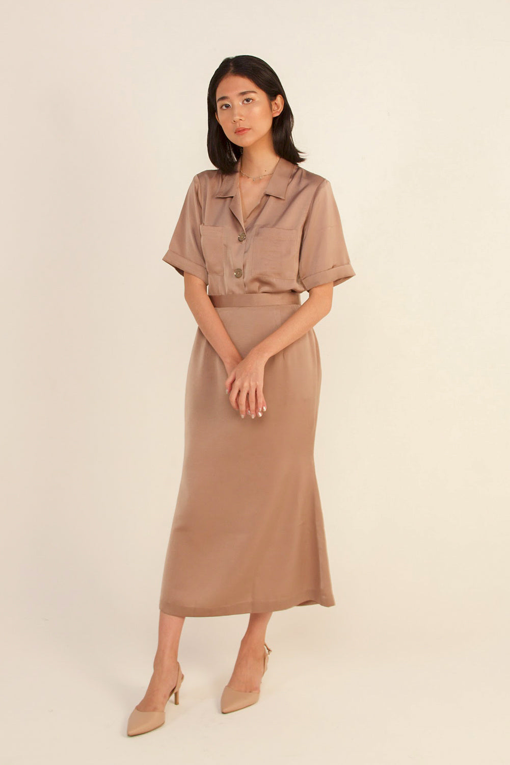 módni Camella Silk Skirt Modest Midi Skirt With Back Zipper in Polyester and Silk