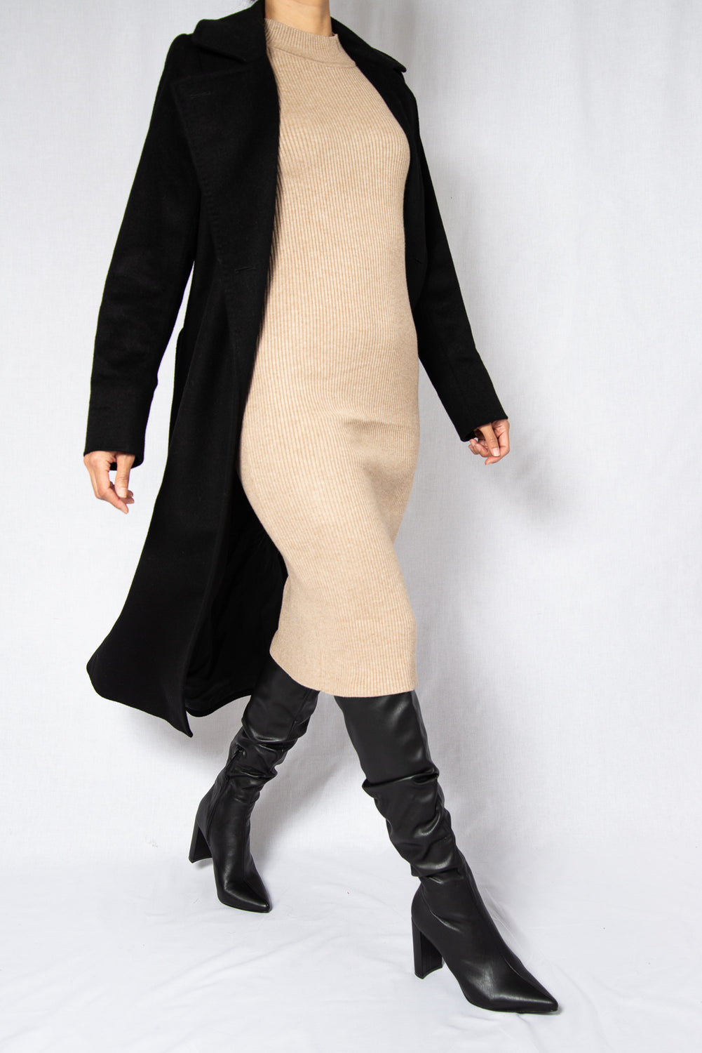 MODZ Beige Rib Long Sleeves Midi Dress Modest Knee-Length High Neck Dress in Cotton