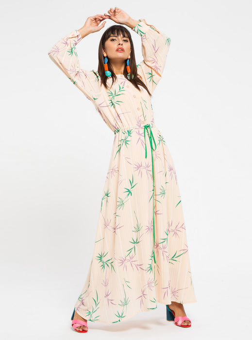 STORE WF Leaf Print Dress with Belt Modest Loose Fitted Long Maxi Floral Dress with Sleeves and Tie Front