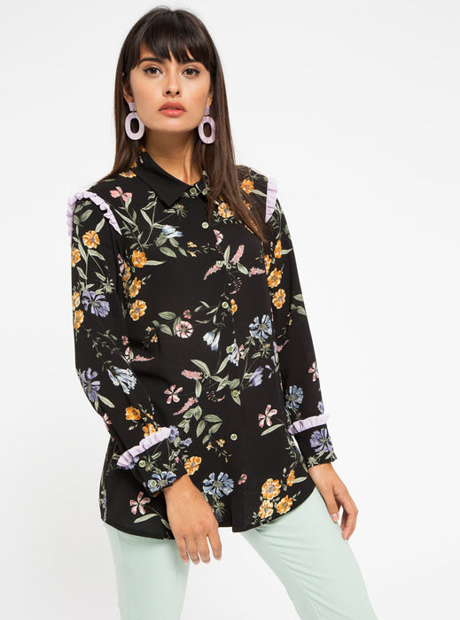 STORE WF Lilac Frill Detail Floral Shirt Modest Loose Fitted Long Black Top with Sleeves and Floral Prints