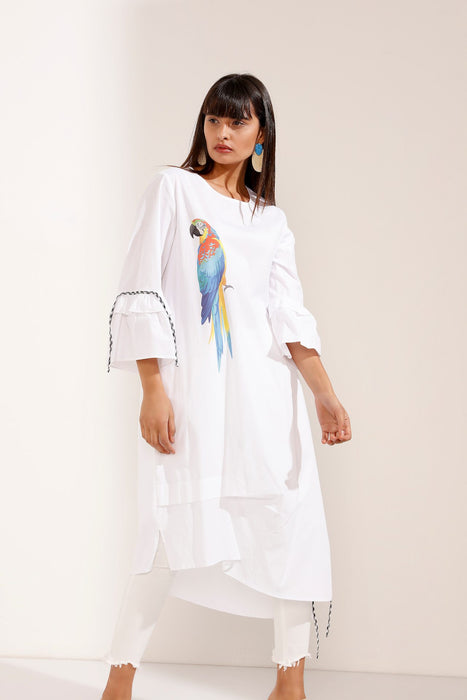 Store WF Long Sleeve White Dress with Parrot Design Modest Midi Dress in 100% Cotton