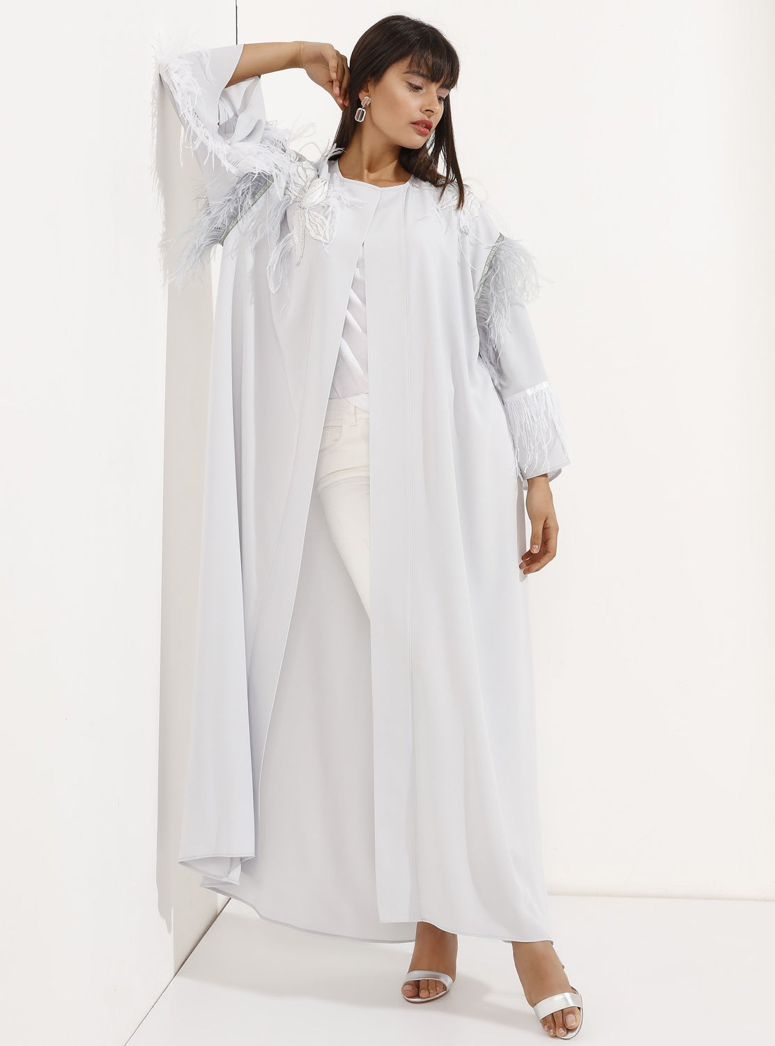 STORE WF Loose Cut Feathered Silver Kaftan Abaya Modest Open Abaya With Long Sleeves and Floral Embroidery in Silver