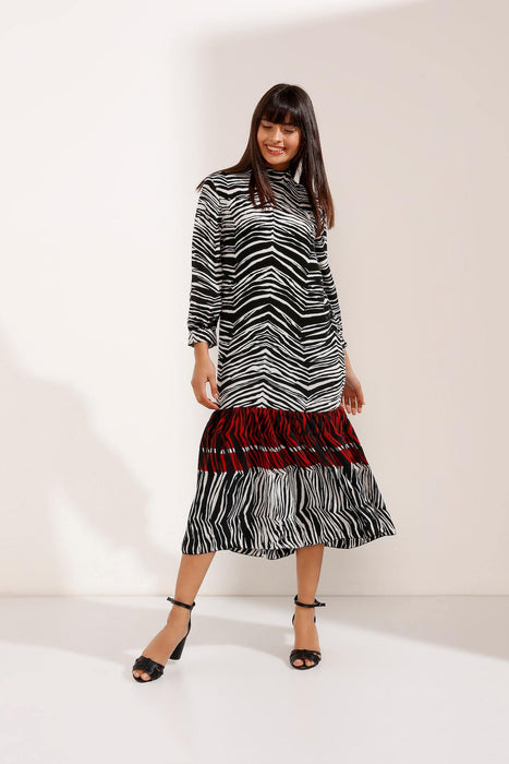 Store WF Multi Coloured Zebra Long Dress Modest Midi Zebra Print Dress with Long Sleeves in 100% Polyester