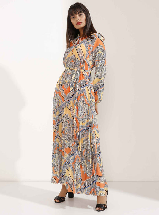 Store WF Orange and Yellow Pleated Elegant Patterned Maxi Dress Modest Loose Fitting Long Sleeves Maxi Print Dress with High Neck in 100% polyester
