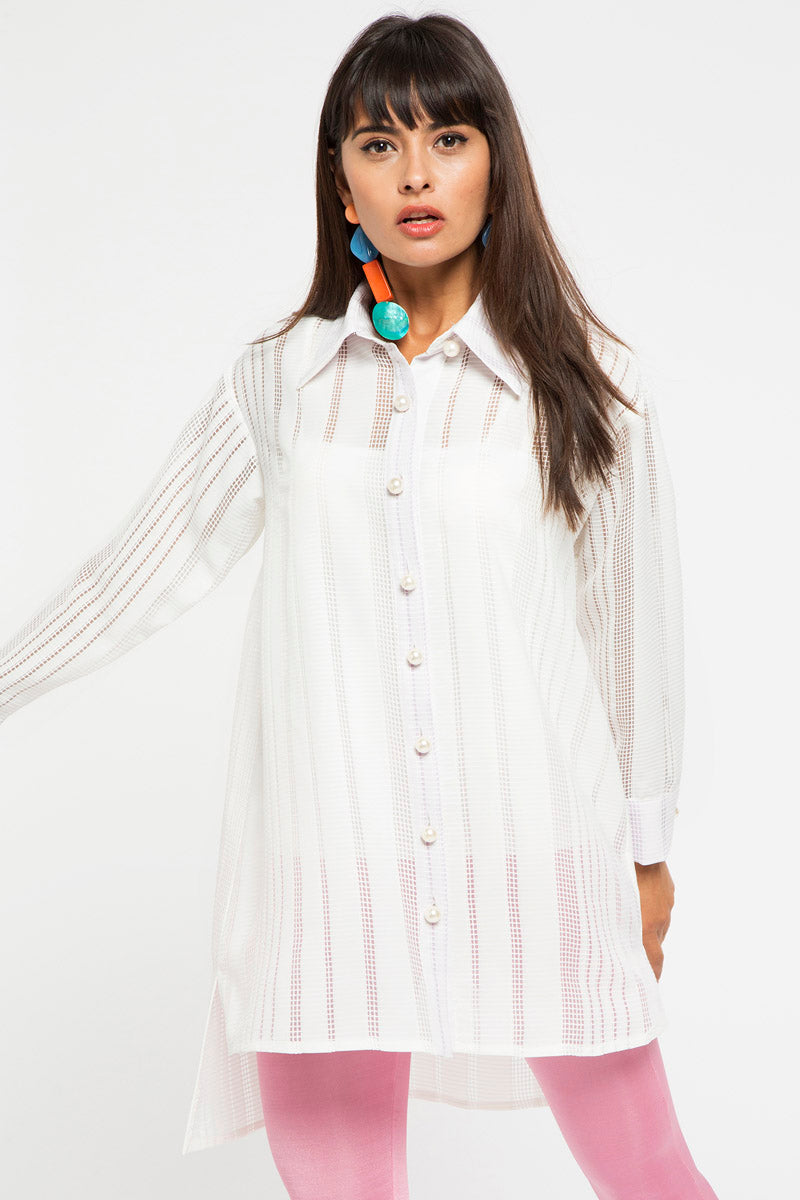 STORE WF Pearl Button White Tunic Shirt Modest Loose Fitted Long Top with Sleeves and Front Buttons
