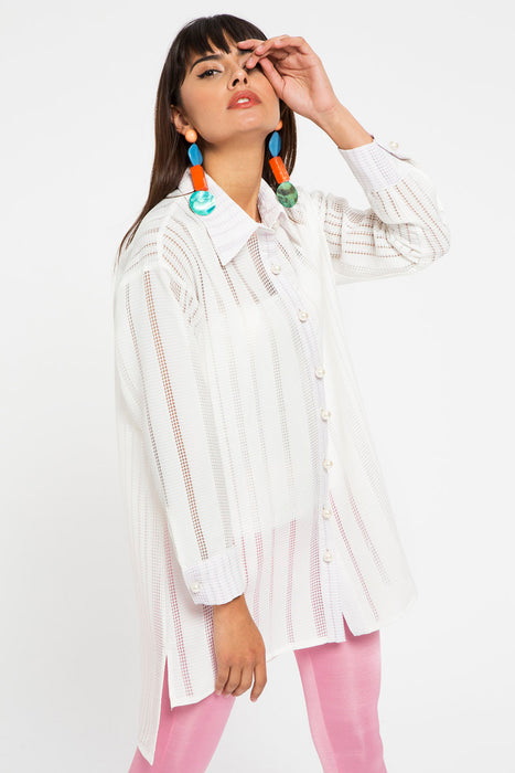 STORE WF Pearl Button White Tunic Shirt Modest Loose Fitted Long Top with Sleeves and Front Buttons