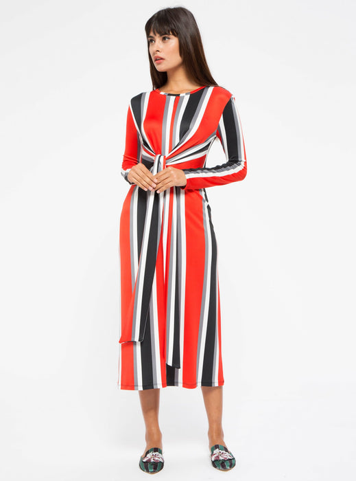 STORE WF Red Tie Front Stripe Midi Dress Modest Midi Dress with Long Sleeves and Tie Front