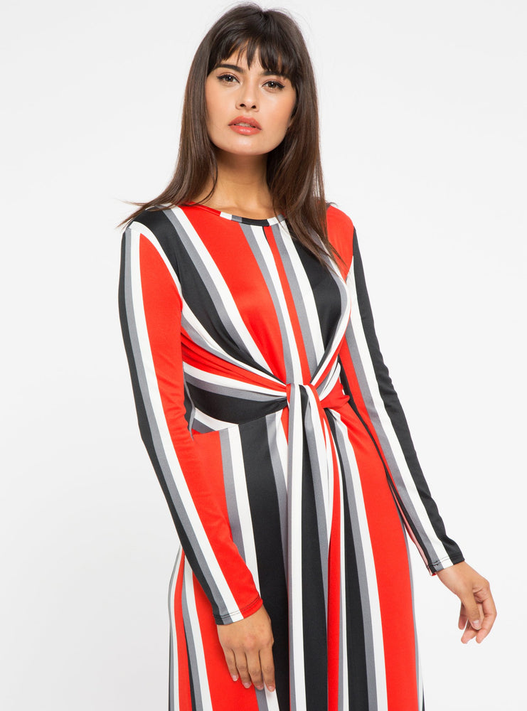 STORE WF Red Tie Front Stripe Midi Dress Modest Stripe Midi Dress with Long Sleeves and Tie Front in Red and Black 