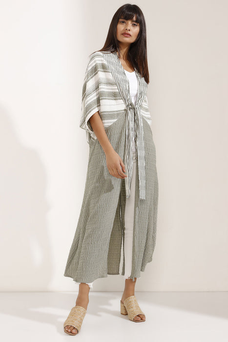 Store WF Tie Front Mix Stripe Linen Kimono in Soft Linen Modest Long and Loose Kimono with Sleeves