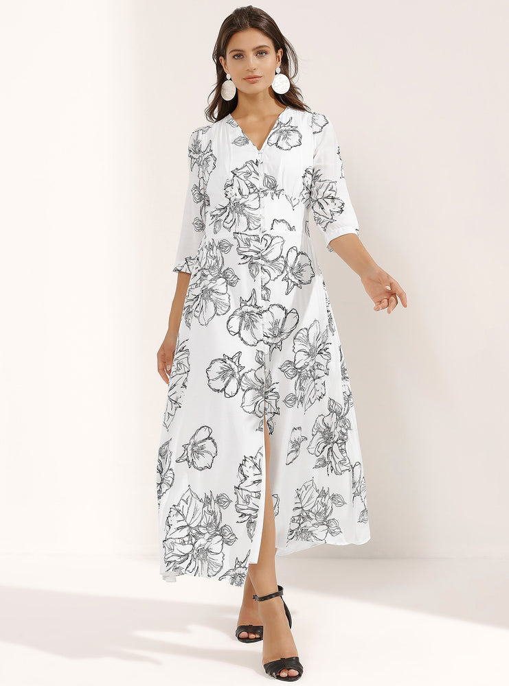 STORE WF White Floral Print Cotton Maxi Dress Modest Long Dress With Flowers, Front Buttons, and Mid-Length Sleeves