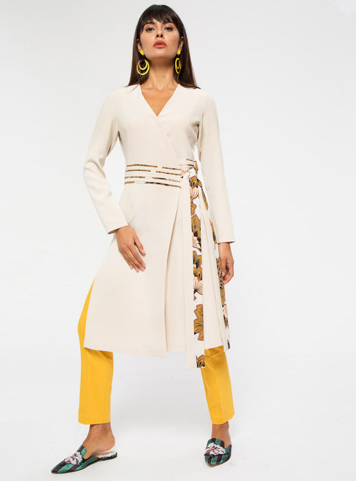 STORE WF Wrap Tunic with Floral Tie Modest Long Top with Sleeves and Overlap Front Tie in Beige