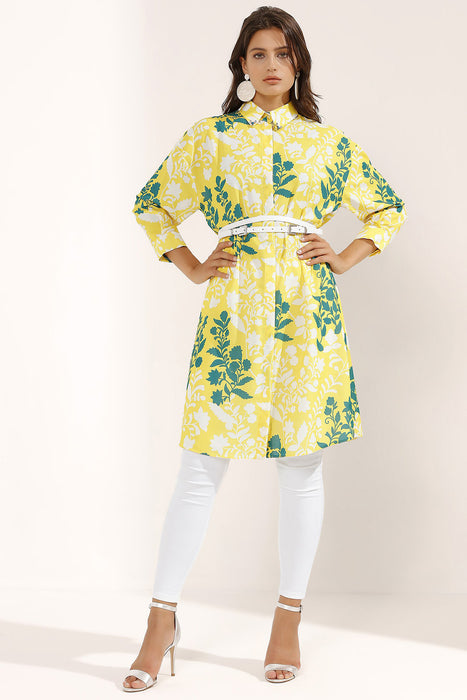 Store WF Yellow Belted Stone Collar Details Midi Dress Modest Yellow Knee Length Shirt Dress with Green Floral Print and Belt
