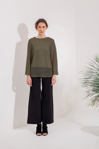 Domani Dune Taupe Top in Olive Modest Loose Fitting Layering Mesh Net Top for Women in Green