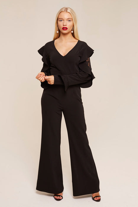 Unique21 Ruffle Sleeve Jumpsuit Modest Long Sleeves Black Jumpsuit with Frills and Lace on Sleeves