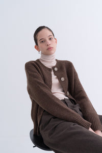 NOTA Yak Soft Cardigan Sky Brown Modest Long-Sleeve Women Loose Knitwear, Front Buttons, Round Neckline in Wool and Yak