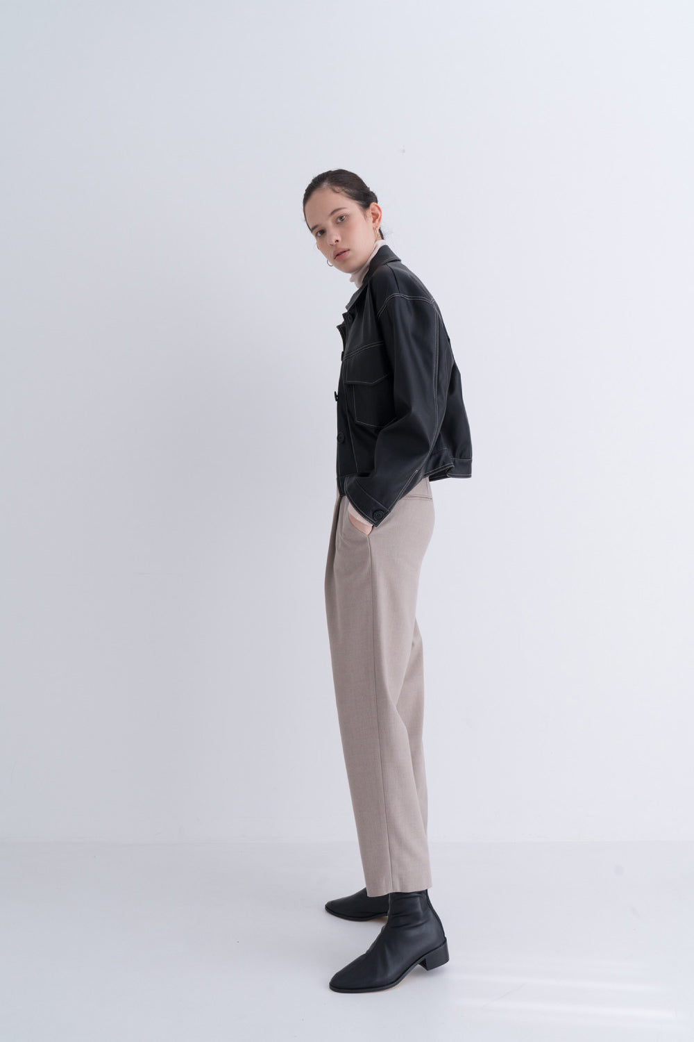 NOTA Comfy Pintuck Wool Pants Oatmeal Modest Ladies Loose Long Trousers with Pockets in Beige