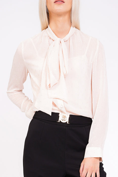 UNIQUE 21 Nude Blouse With Polka Dots Modest Sheer Shirt with Sash Around Neck in Cream Beige