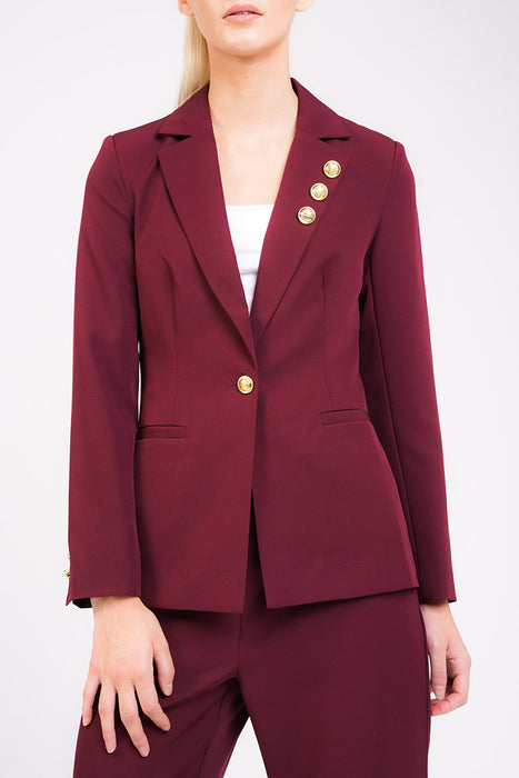 Unique21 Berry Blazer With Gold Button Detail Modest Red Jacket with Single Front Gold Button and Gold Buttons on Lapel and Sleeves with Front Pockets