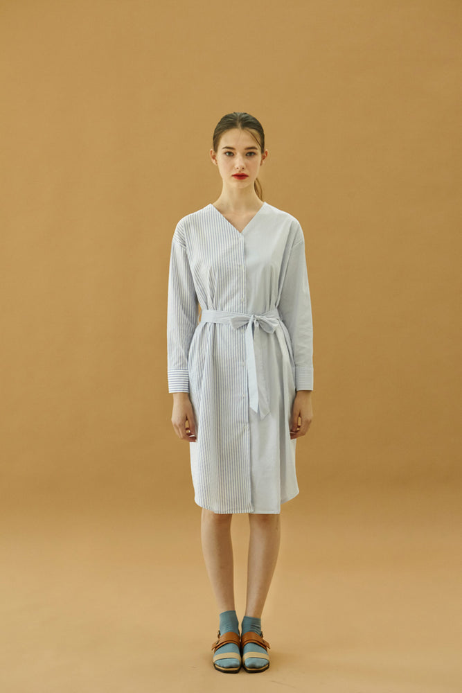 YUPPE Color Stripe Dress in White Modest Loose Fitting Midi Dress with Long Sleeves, Buttons and Sash