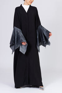 Black Open Abaya with Denim Bell Sleeves and Belt