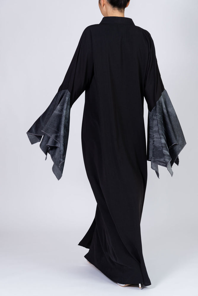 Black Open Abaya with Denim Bell Sleeves and Belt