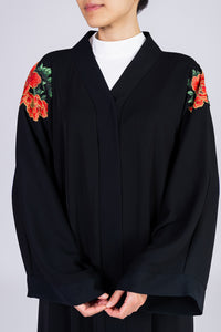 Black Abaya with Embroidered Red Flowers