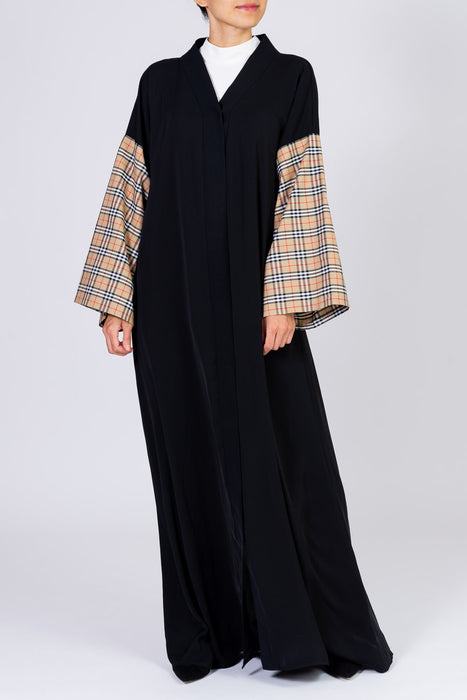 Dark Beige Checkered Sleeves Abaya
