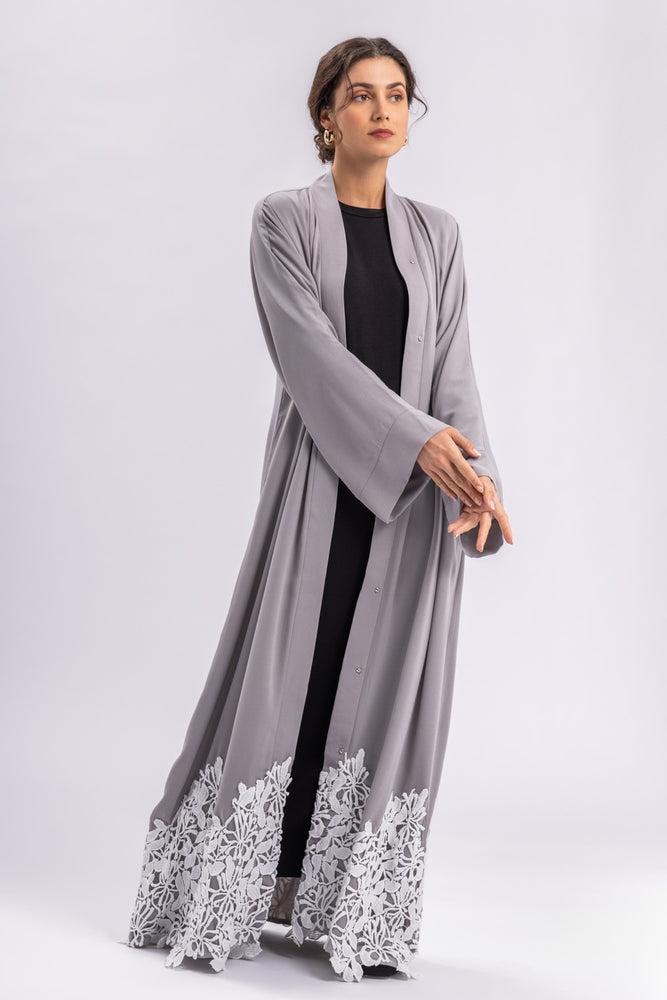 Grey Lace Open Abaya