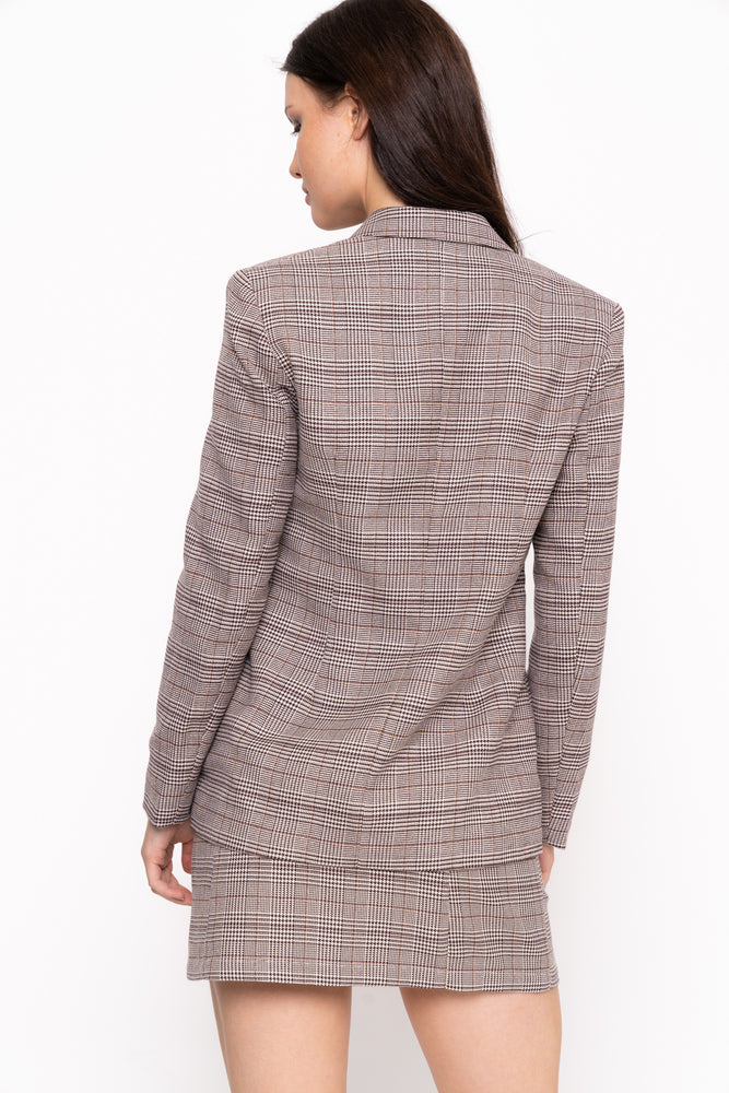 Unique 21 Brown Check Double Breasted Blazer Modest Loose Fitting Women Checkered Jacket with Front Buttons  