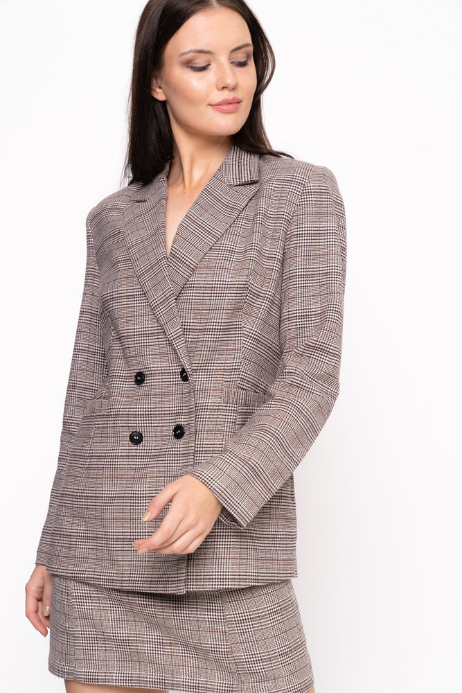 Unique 21 Brown Check Double Breasted Blazer Modest Loose Fitting Women Checkered Jacket with Front Buttons  