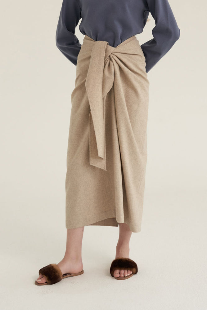 NOTA Twist Thin Wool Skirt Oatmeal Modest Beige Loose Fitting Midi Skirt with Tie Front in Wool