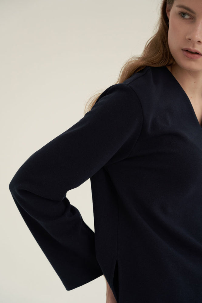 NOTA V-Neck Simple Top Navy Modest Loose Fitted Top with Long Sleeves in Polyester