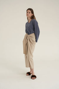 NOTA Twist Thin Wool Skirt Oatmeal Modest Beige Loose Fitting Midi Skirt with Tie Front in Wool