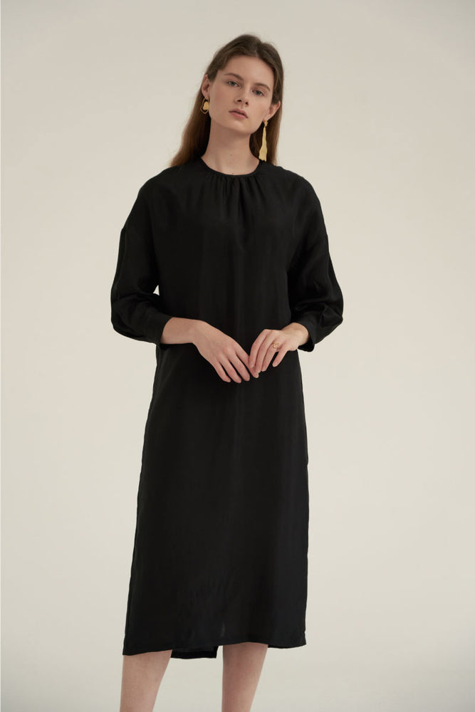 NOTA Shirring Neck Comfort Dress Black Modest Loose Fitting Midi Dress with Long Sleeves in Rayon