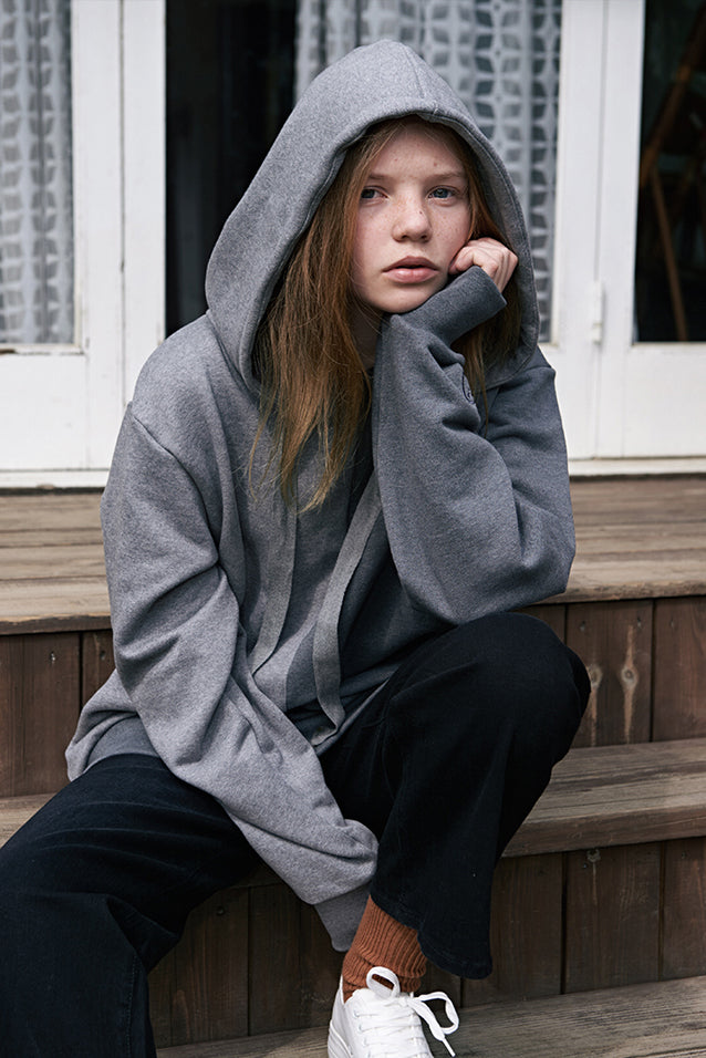 ESTERISK Grey Modest Loose Fitted Cotton Round Neck Outside Hoody