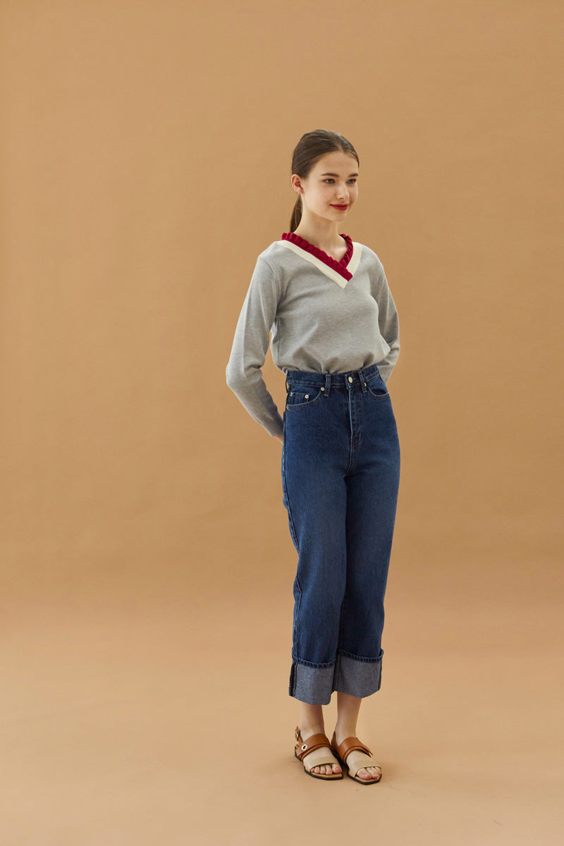 YUPPE Fold Denim Pants in Blue Modest Loose Fitted Jeans with Fold in Cotton