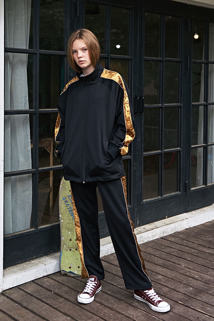ESTERISK Black Side Line Modest Loose Fitting Elastic Banding Waist Track Pants in Polyester and Spandex