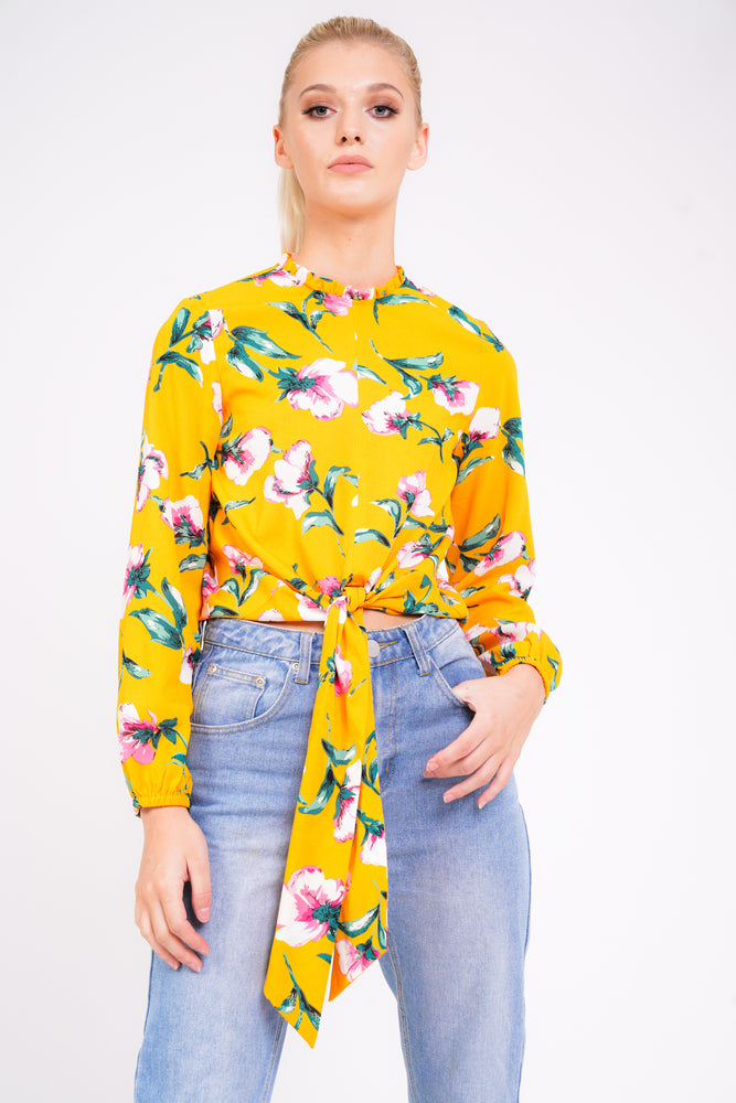Modest Floral Long Sleeve Tie Blouse with Tie Front