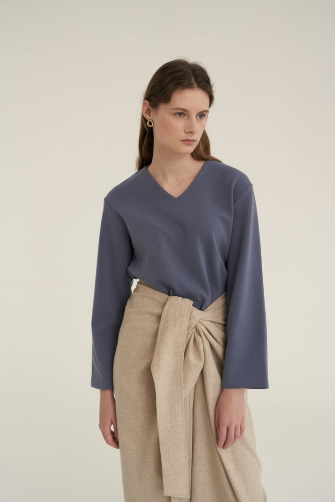 NOTA V-Neck Simple Top Dusty Blue Modest Loose Fitted Top with Long Sleeves in Polyester
