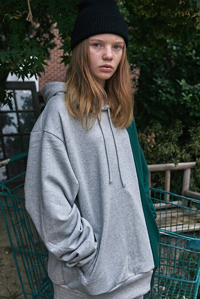 ESTERISK Grey and Green Modest Hoodie in Cotton with Lip Pocket