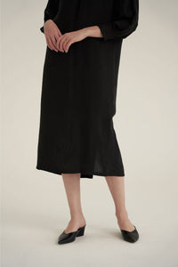 NOTA Shirring Neck Comfort Dress Black Modest Loose Fitting Midi Dress with Long Sleeves in Rayon