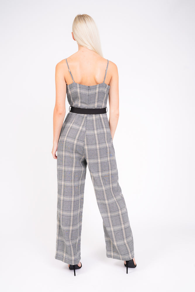 Modest Checked Jumpsuit With Tie Waist Modest Grey in Loose Fitting Black Sash
